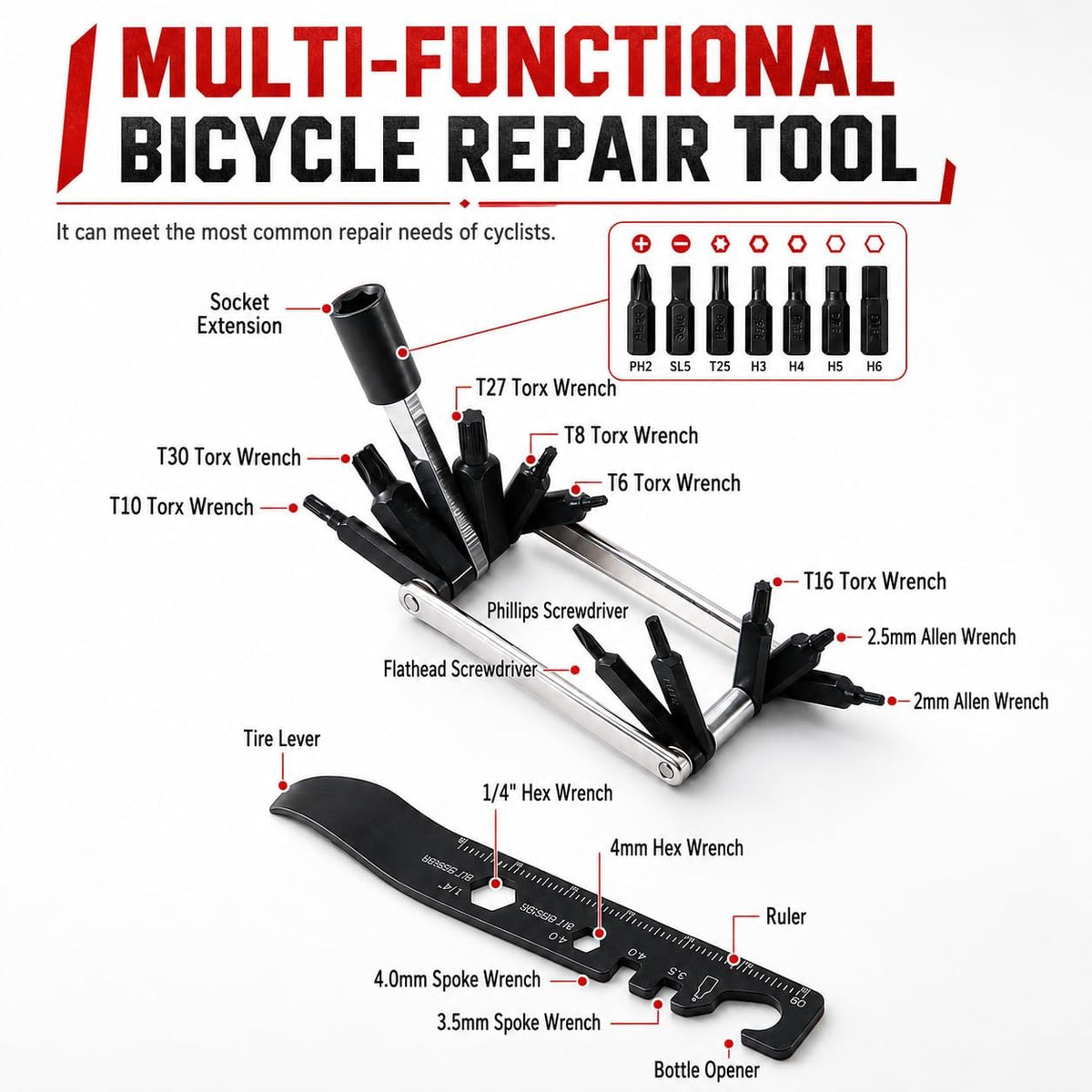 38-in-1 Bike Multitool – Portable Magnetic Bike Repair Tool Set with Tire Levers, Chain Cutter, Hex Wrenches, Spoke Wrenches, Box Spanner, Bottle Opener, and Includes Storage Bag