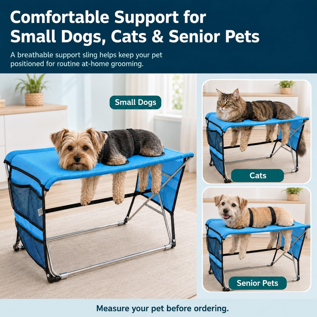Pet Grooming Hammock with Stand for Small Dogs and Cats, (Dark blue)