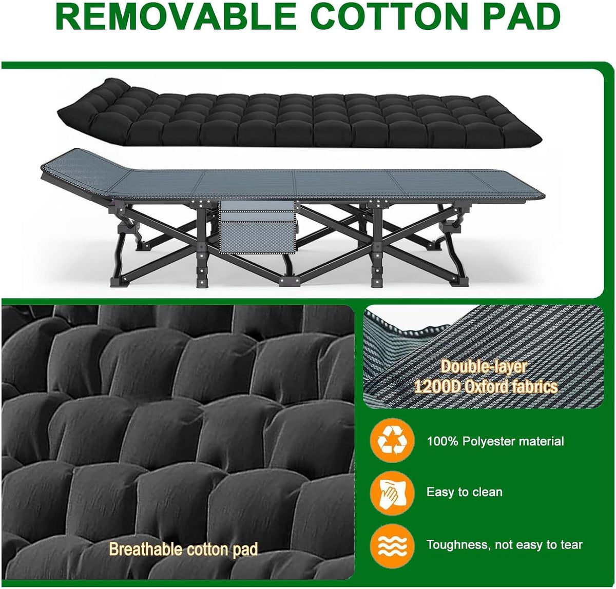 Camping Cot, 28'' Wide Sleeping Cots for Adults, Folding Bed with Pad & Bag