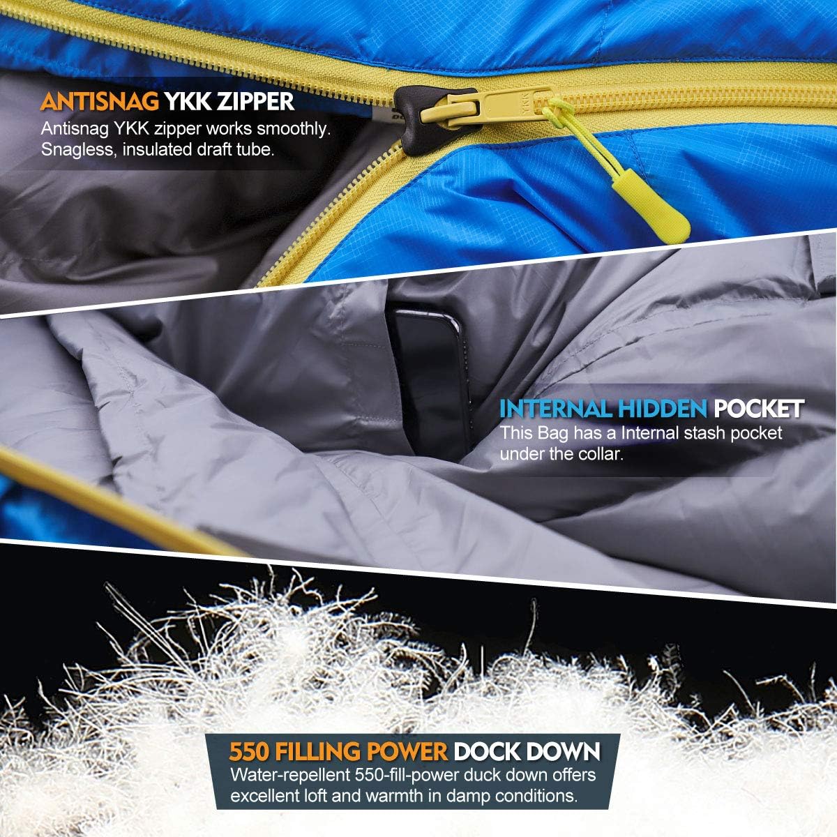 ZOOOBELIVES 10 Degree Down Sleeping Bag for Adults, 4-Season Cold-Weather Mummy Bag, Roomy Fit, 550+ Fill Power Warmth, Lightweight & Compressible for Car Camping, Backpacking & Hunting - AlpliveD1500
