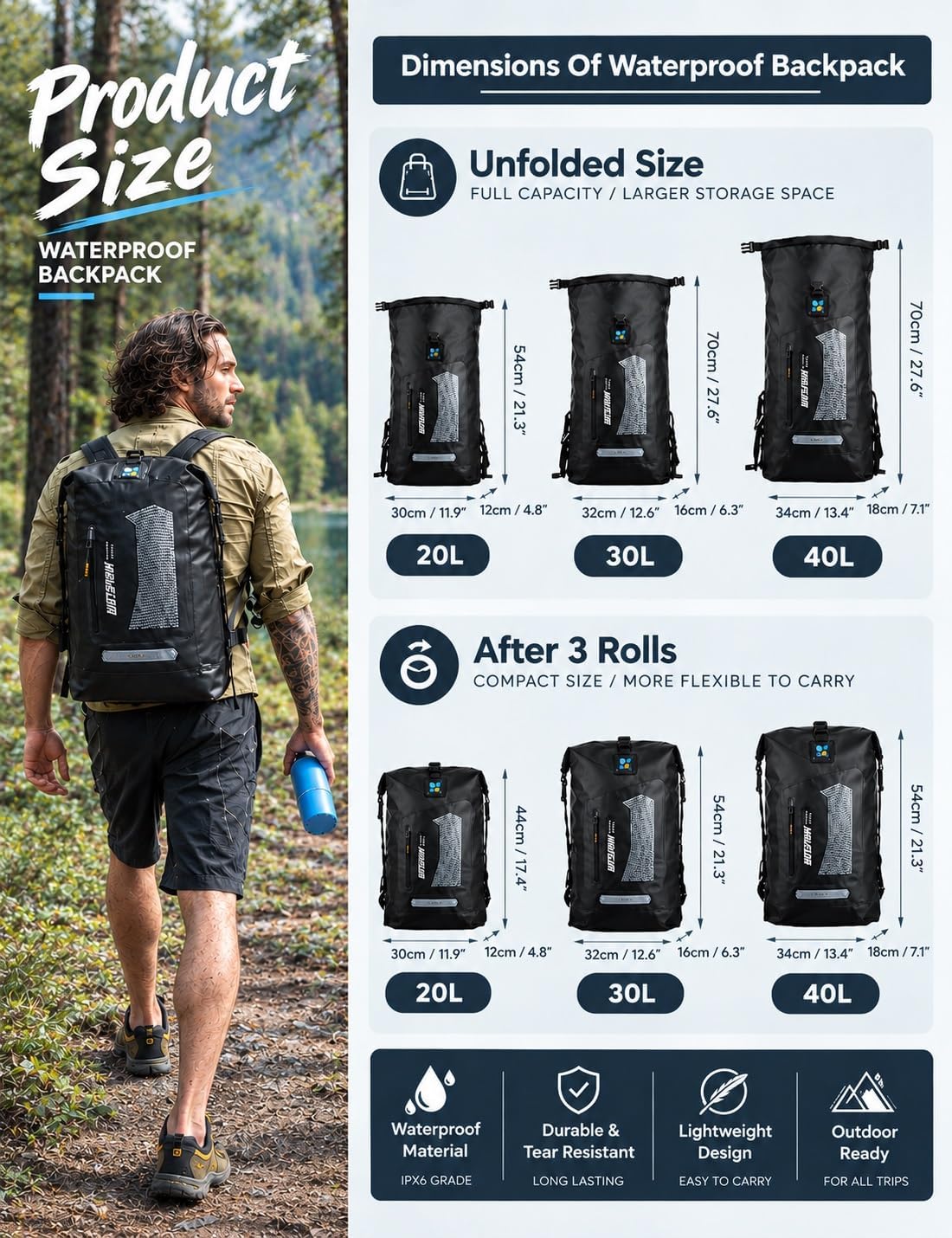 IDRYBAG Waterproof Backpack for Men 20L/30L/40L, Floating Dry Bag Kayak, Dry Backpack Hiking