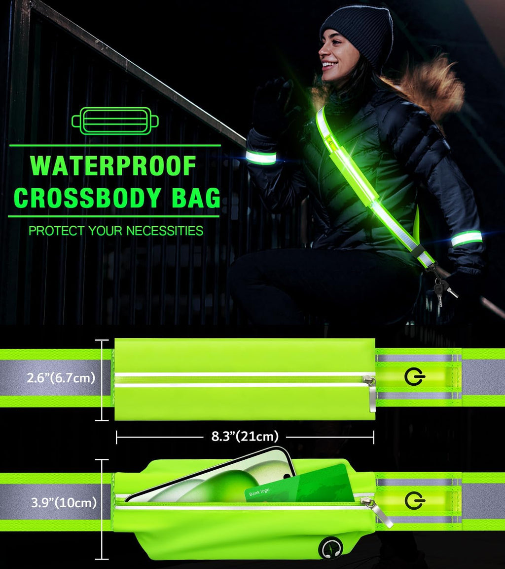 Ylzzrs LED Belt Reflective Sash for Walking at Night,High Visibility Adjustable Night Running Safety Gear,Light Up Running Belt Reflective Gear with Phone Bag/Armband for Runners Walkers Men Women