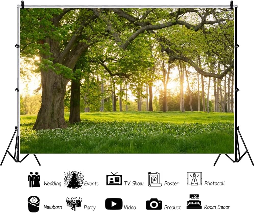 Leowefowa 5x3ft Spring Backdrop Rural Forest Trees Backdrops for Photography Blooming Flowers Green Grassland Nature Vinyl Photo Background Kids Adults Outdoor Travel Portraits Studio Props