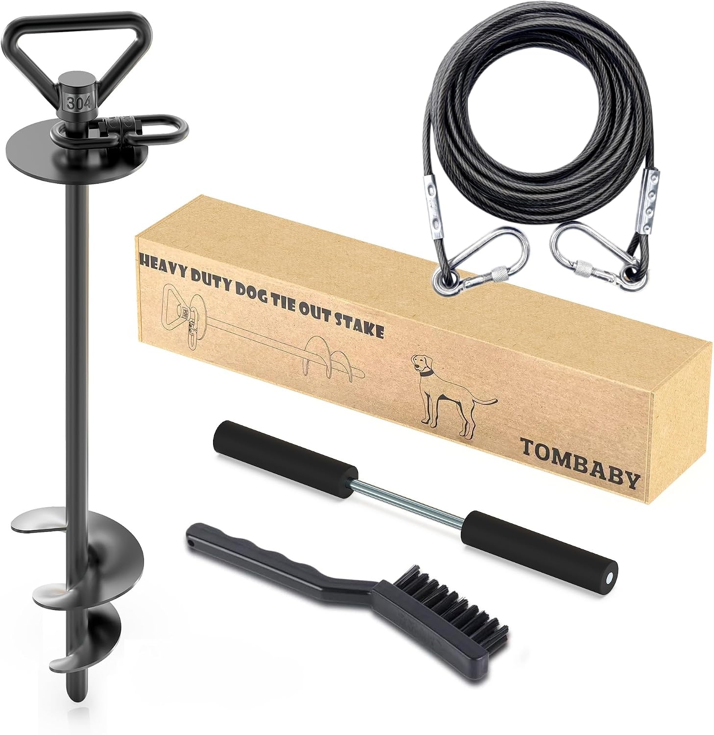 TOMBABY Dog Tie Out Cable and Stake,with 30FT Heavy Duty Cable,360° Swivel Dog Anchor& Anti-Tangle,Dog Runner for Yard,Dog Stake Allows Dogs Up to 150 lbs, Dog Stakes for Outside Beach,Camping, Yard