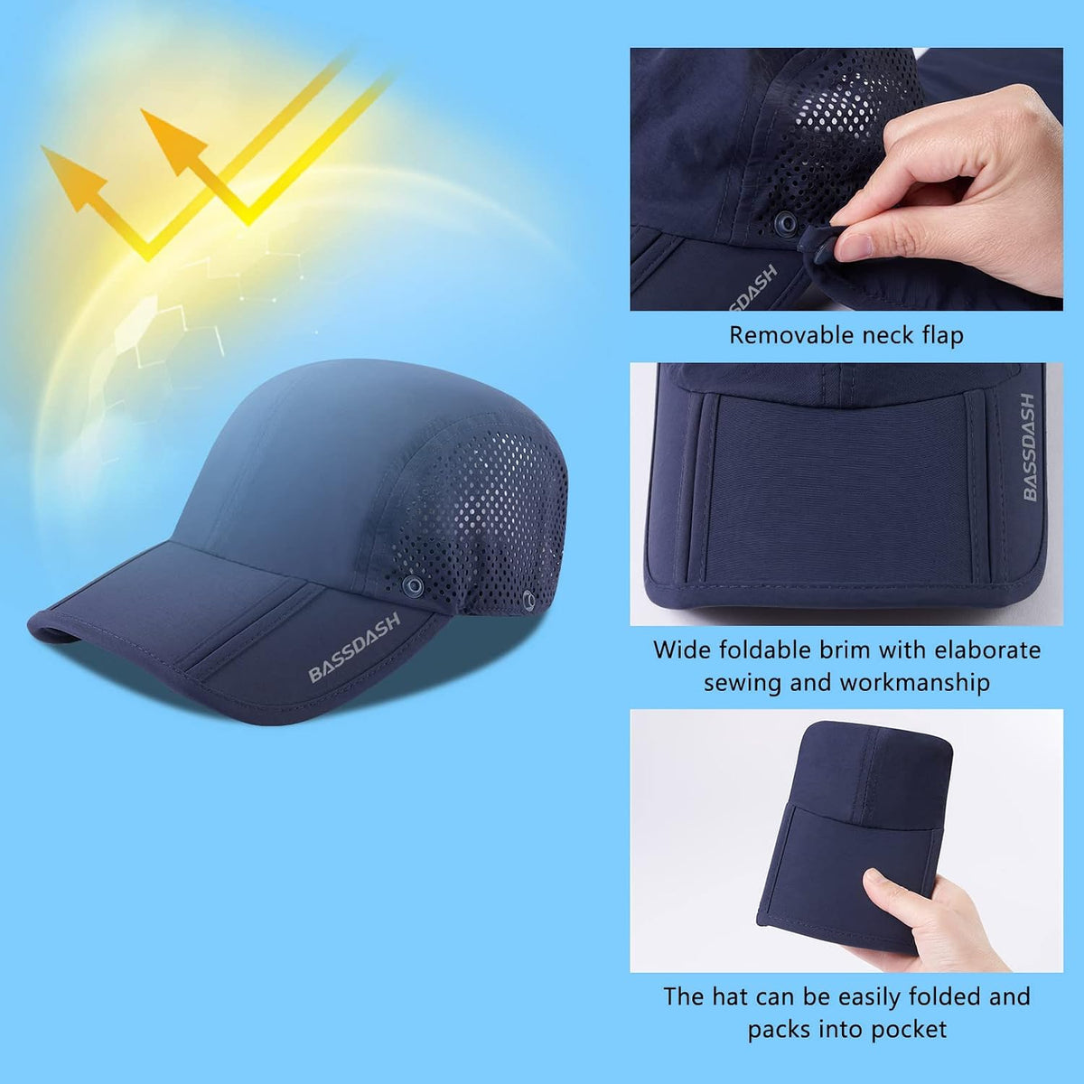 BASSDASH UPF 50+ Fishing Hat, Baseball Cap with Removable Neck Flap
