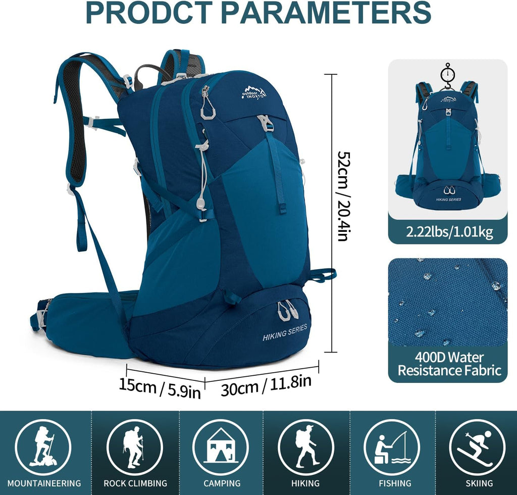 IX INOXTO Hiking Backpack, 26L/40L Waterproof Hiking Daypack with 3L Water Bladder and Rain Cover, Lightweight Travel Camping Backpack for Men Women (Blue)