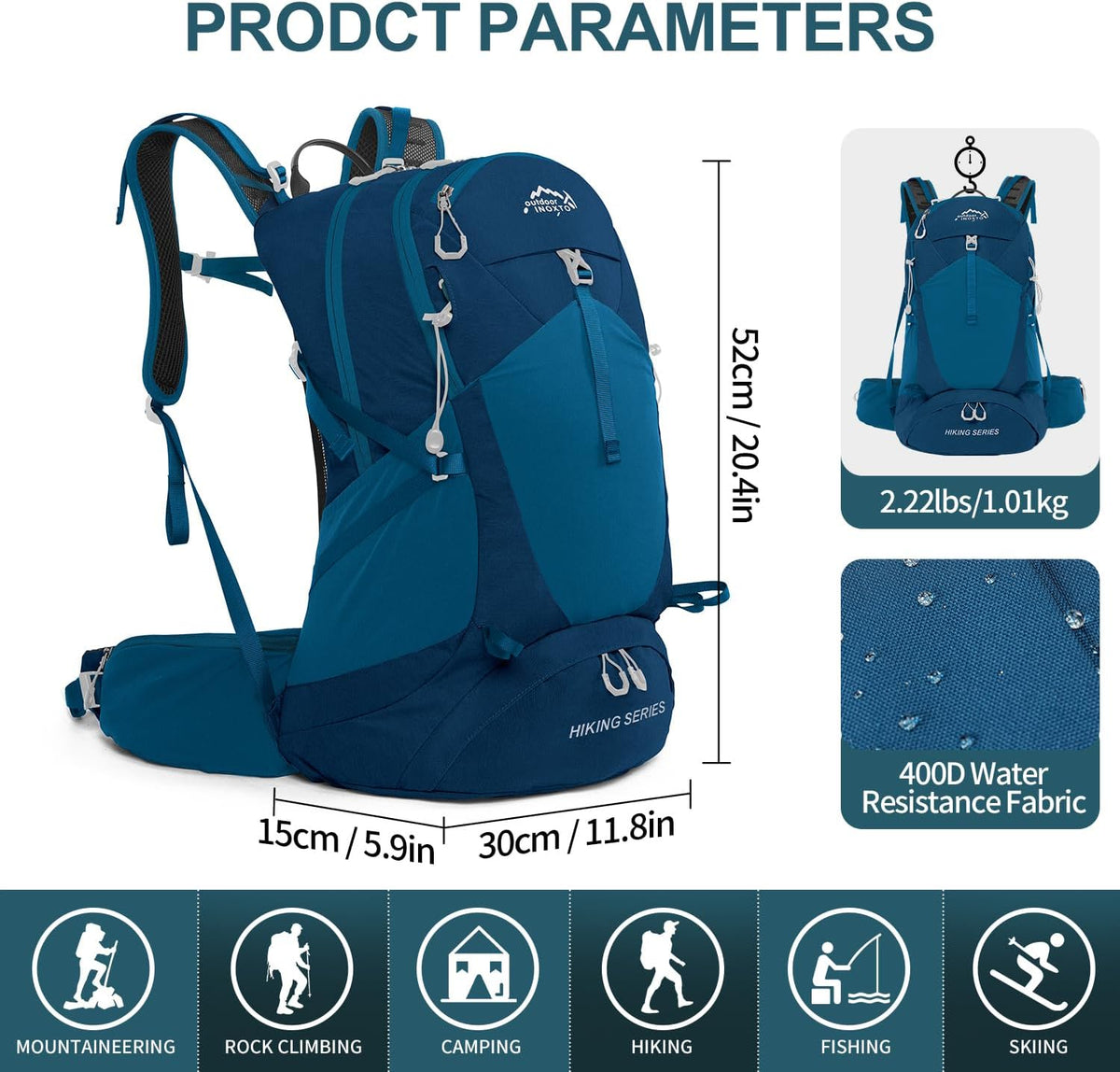 IX INOXTO Hiking Backpack, 26L/40L Waterproof Hiking Daypack with 3L Water Bladder and Rain Cover, Lightweight Travel Camping Backpack for Men Women (Blue)