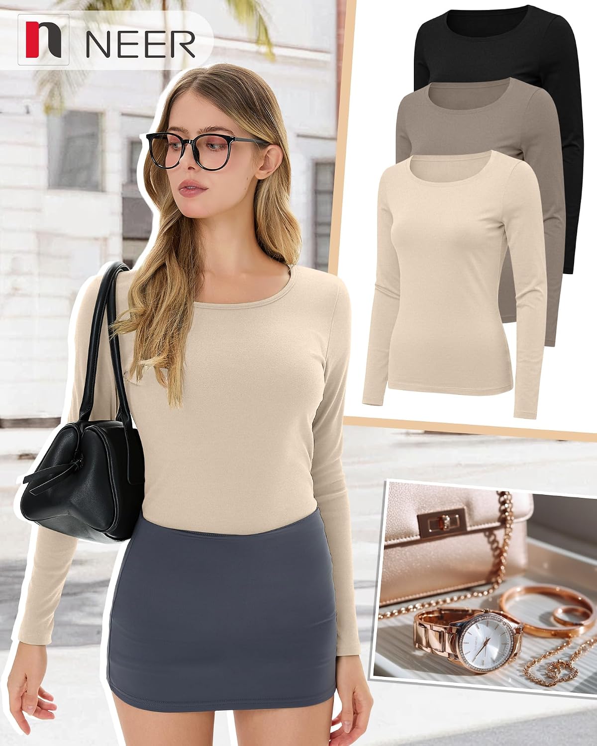 Neer 3 Pack Womens Thermal Shirts Crew Neck Fleece Lined Tops