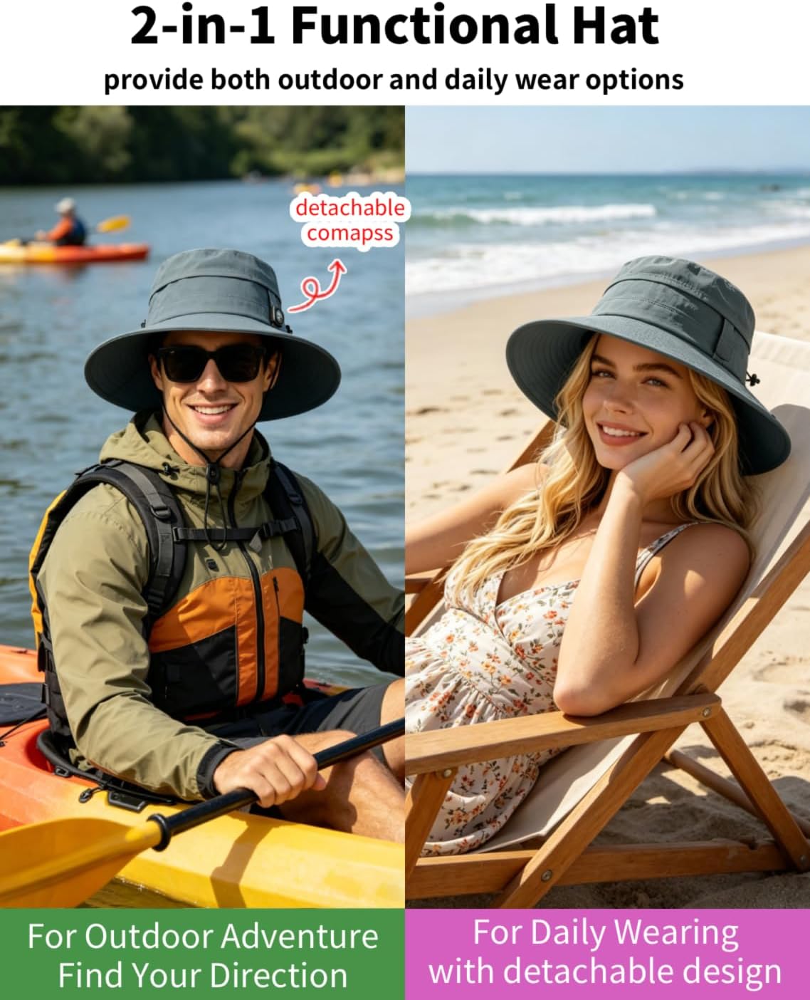 ZOORON Sun Hat for Men Women Detachable Compass, Boonie Hats UPF 50+ Fishing Hat, Lightweight Foldable Bucket Hats