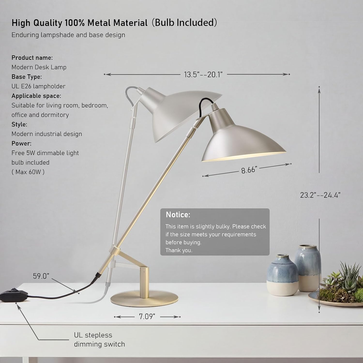 Desk Lamp Modern Industrial 100% Metal Adjustable Table Lamp 24", Natural Light (4000K) with Dimmer, Ideal for Office Bedroom Study Room Living Room Nightstand Bedside Lamps Nickel