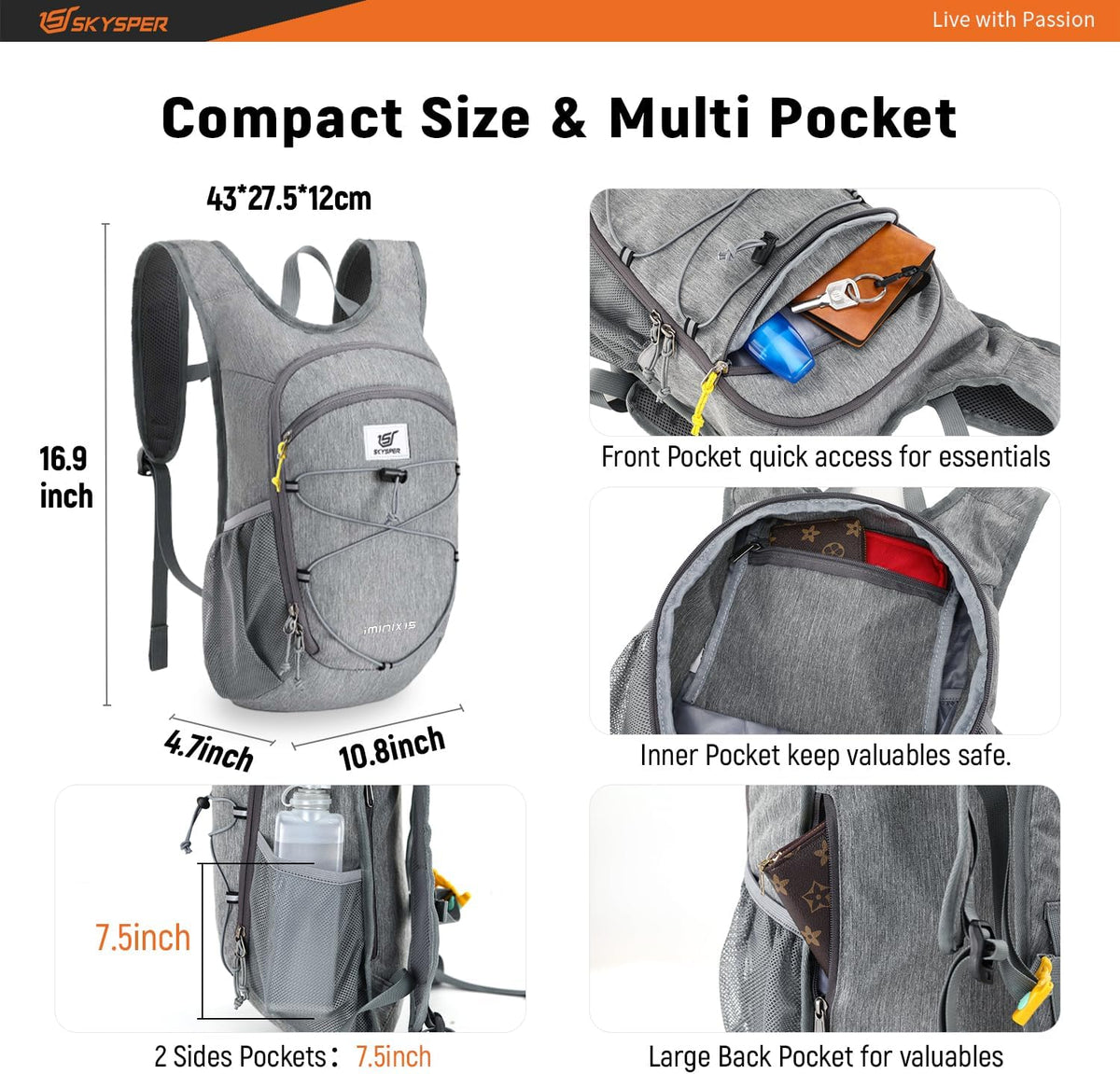SKYSPER 15L/20L Foldable Hiking Backpack Lightweight Packable Travel Daypack with Chest Strap Small Folding Pack for Walking