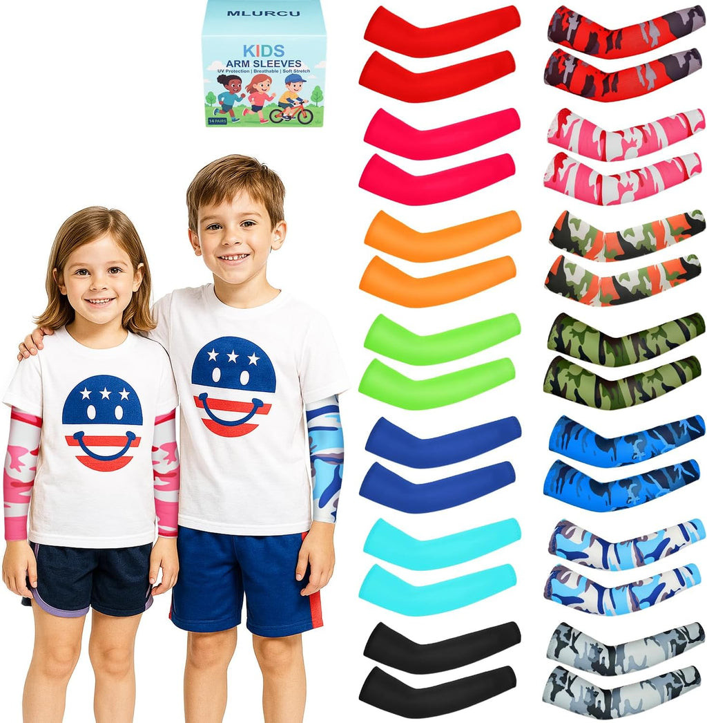 14 Pairs Arm Sleeves for Kids Youth Football Baseball Basketball UV Sun Protection Cooling Arm Sleeves for Boys Girls