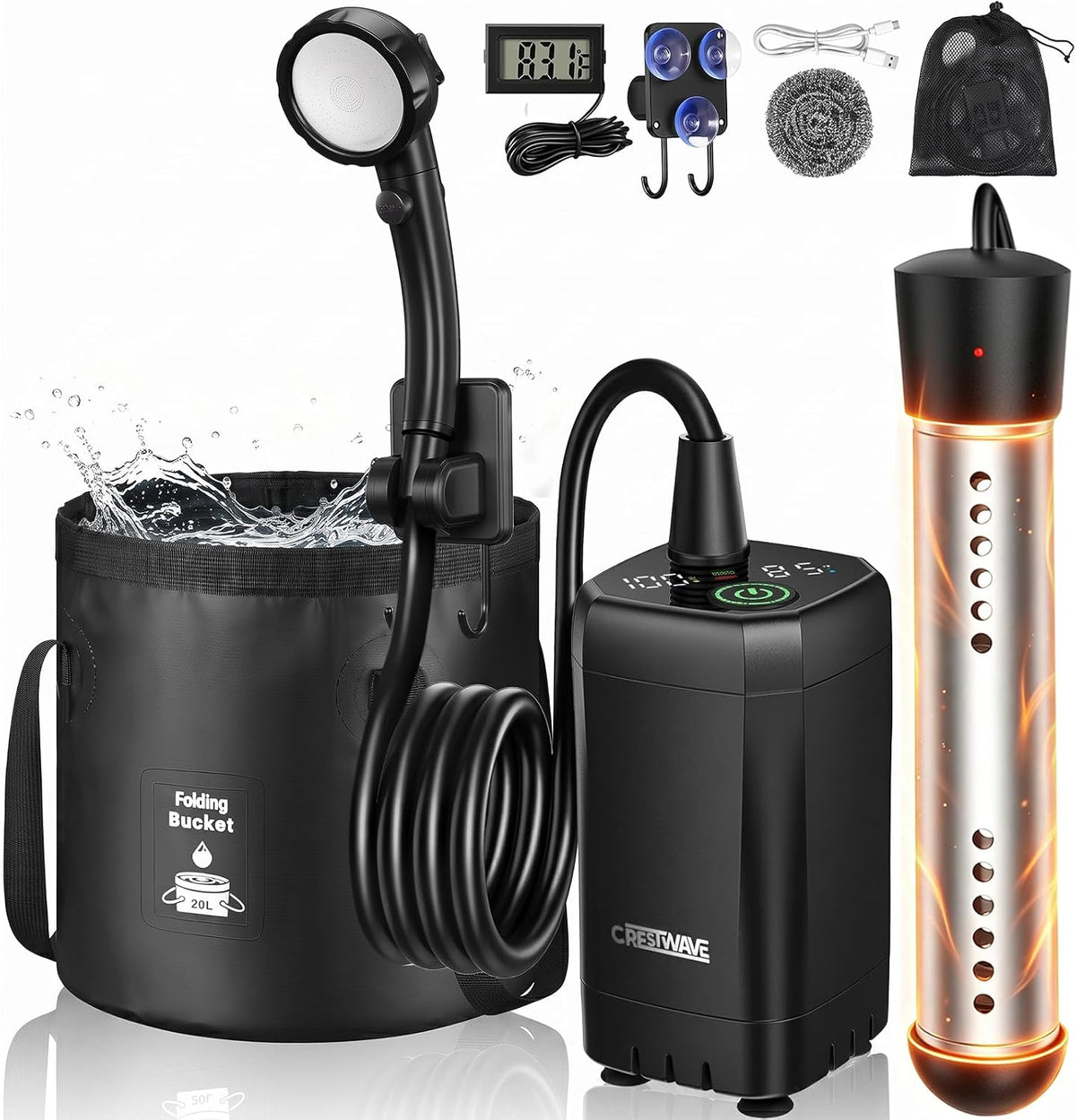 CRESTWAVE Camping Shower with Heater, 6000mAh Rechargeable Portable Shower