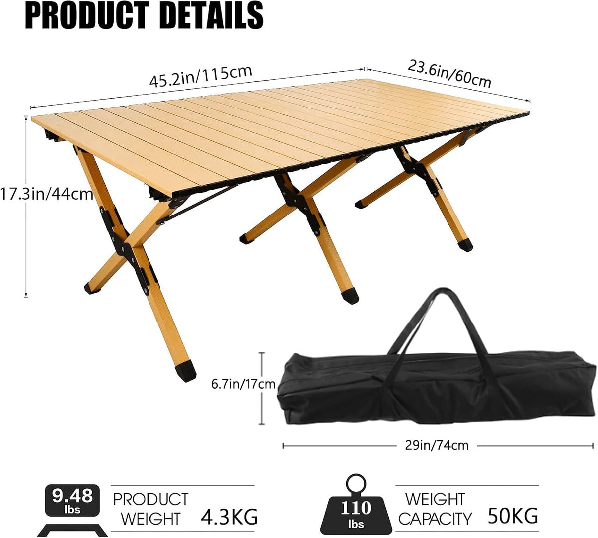 rollingsurfer Folding Camping Table, Lightweight Roll-Up Table Aluminum Low Portable Picnic Table with Carrying Bag for Outdoor, Beach, Picnic, Backyards, BBQ and Party, 45.2''D x 23.6''W x 17.3''H