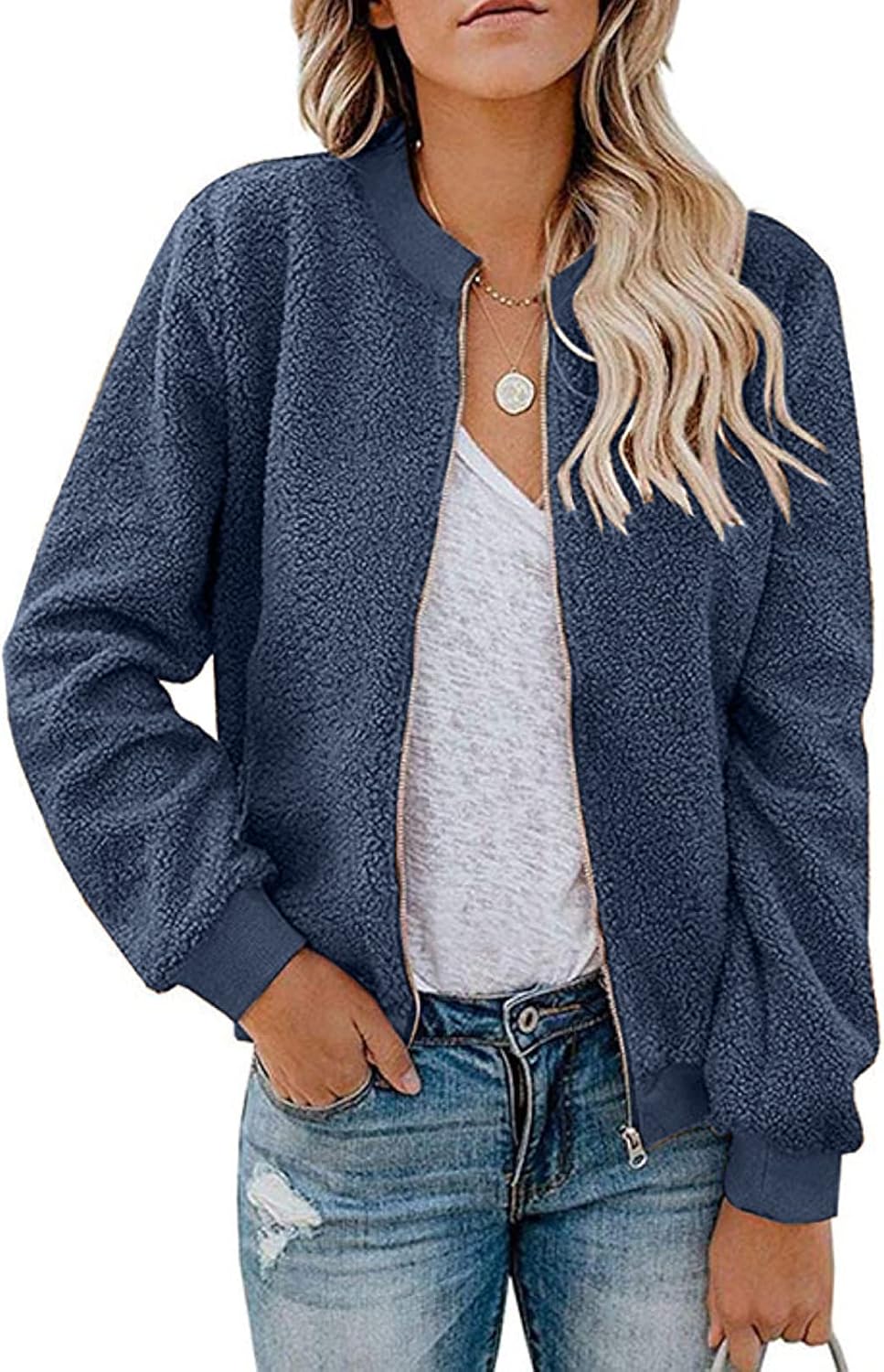 MIROL Women's Fall Fleece Bomber Jacket Trendy Sherpa Winter Coat Fuzzy Casual Long Sleeve Zip Up Loose Fit Jackets