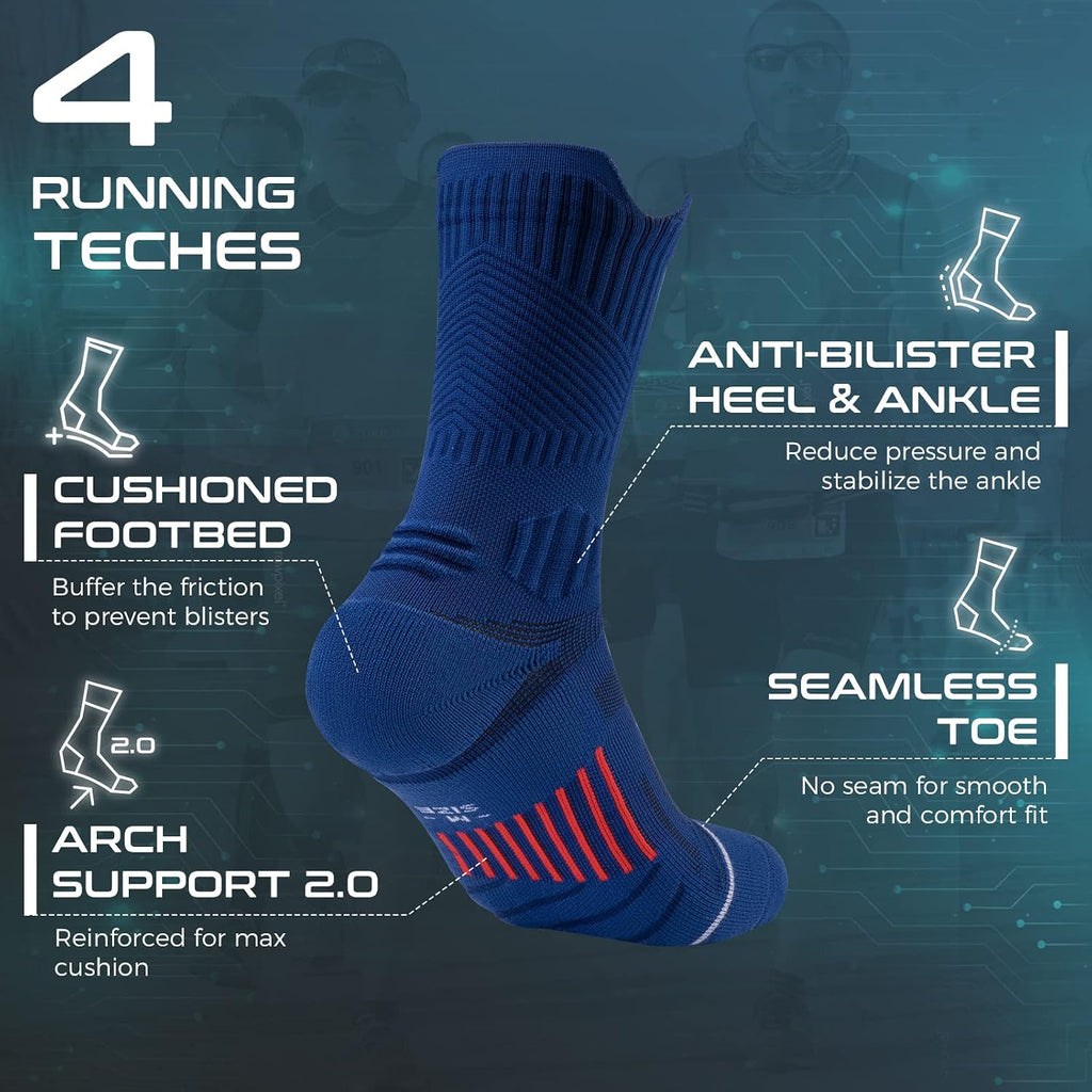 Compression Running Socks 3 Pairs, Cushion Crew Socks, Anti-Blister Moisture Wicking Athletic Hiking Basketball Socks