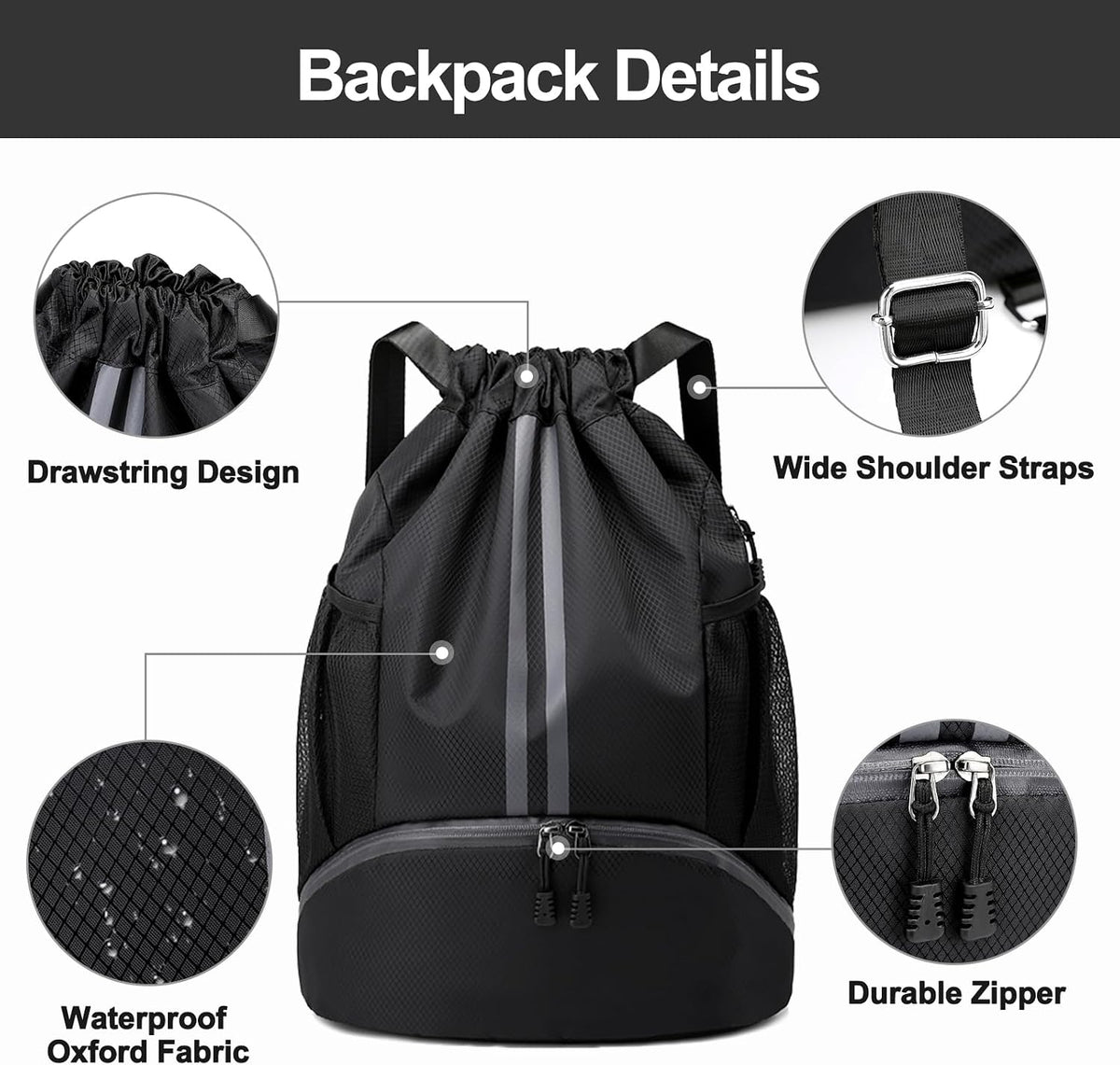 Hoedia Sports Drawstring Backpack - Swim Gym Bag for Women and Men