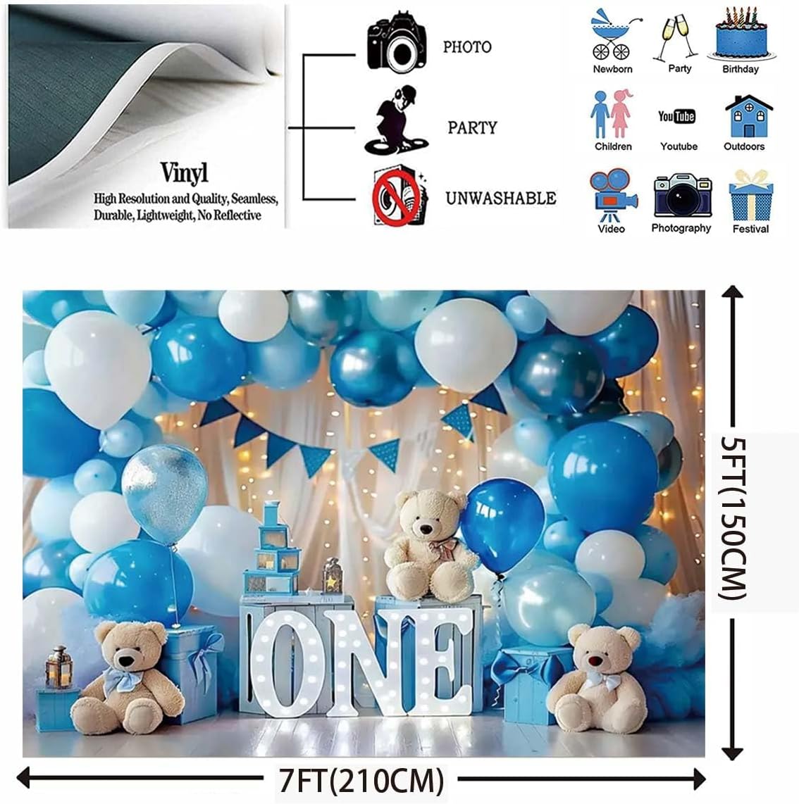 Hot Air Balloon Cloud Star Bear Travel Birthday Backdrop for Photography, Blue-02, 7x5feet, Vinyl Fabric, Baby Shower & Birthday Occasion