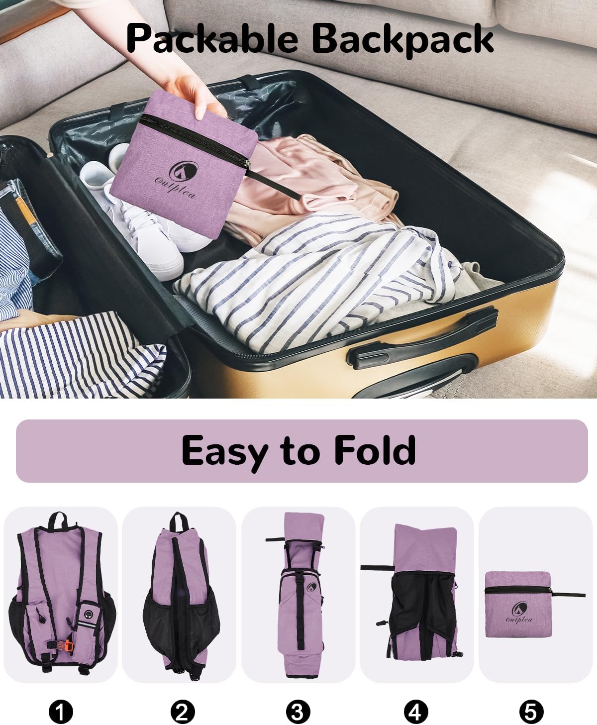 Folding Hiking Backpack with Phone Pocket for Men Women, Small Ultralight Packable Casual Daypack with Shoulder Chest Straps for Travel, 15L Foldable Lightweight Day Pack, Purple