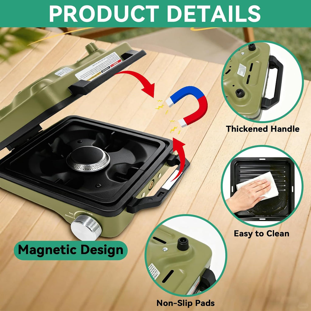 2 Burner Portable Propane Camping Stove Kit, 24000 BTU Foldable Hiking Stove with Frying Pan, Pot, Windshield & Carry Bag, Outdoor Cookware Camp Cooking Set for Tailgating, BBQ, Picnic, Green