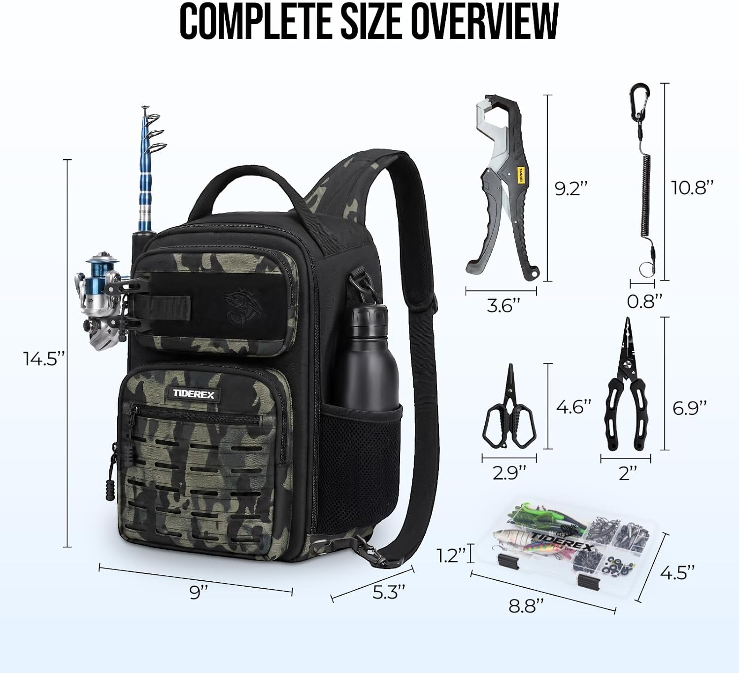 Fishing Sling Bag with 3500 Tackle Box & Fishing Gear, Black Camo.