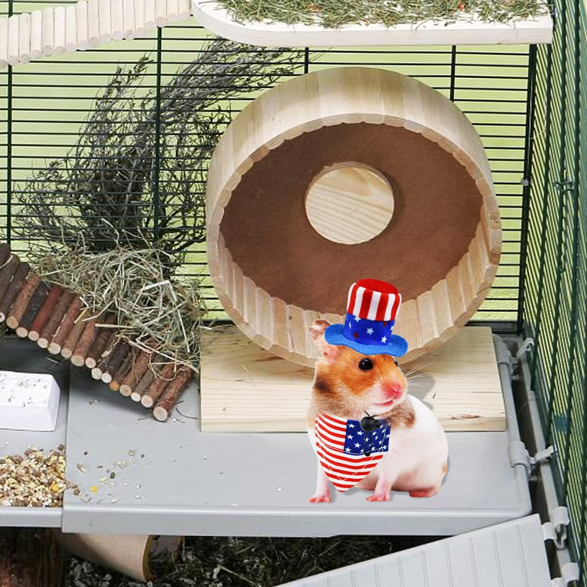 4 Pcs Pet Independence Day Costume 4th of July Guinea Pig Hat and Bandana Uncle Sam Rabbit Hat American Flag Small Animals Hat Bandana Triangle Bib Scarf with Stars and Stripes Pattern (S)
