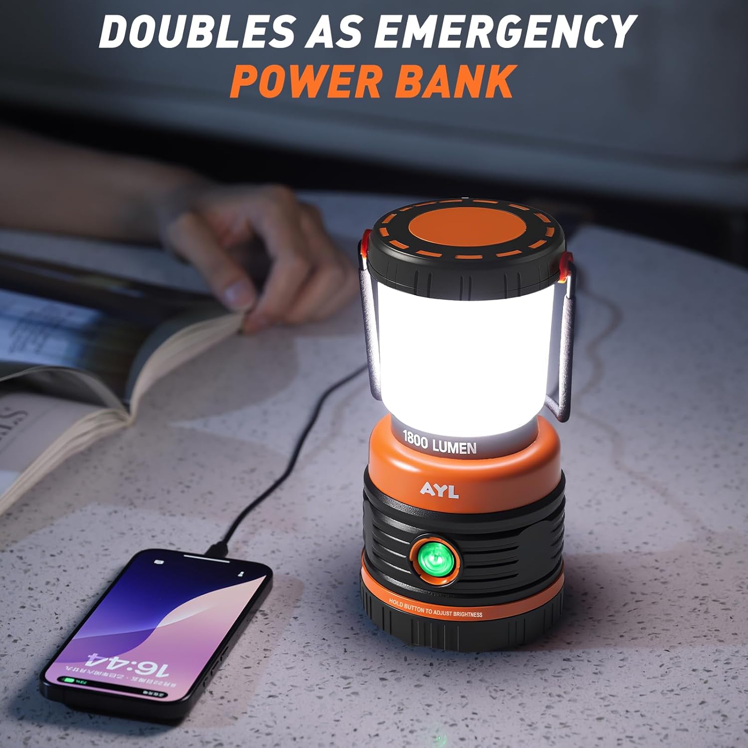 LED Camping Lantern Rechargeable, 1800LM, 4 Light Modes, 4400mAh Power Bank, IP44 Waterproof, Perfect Lantern Flashlight for Hurricane, Emergency, Power Outages, Home and More, USB Cable Included