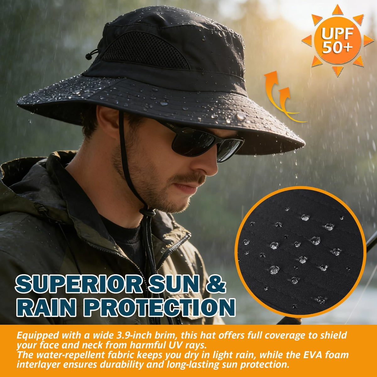 Wide Brim Sun Bucket Hat, Waterproof Boonie Hat for Men & Women