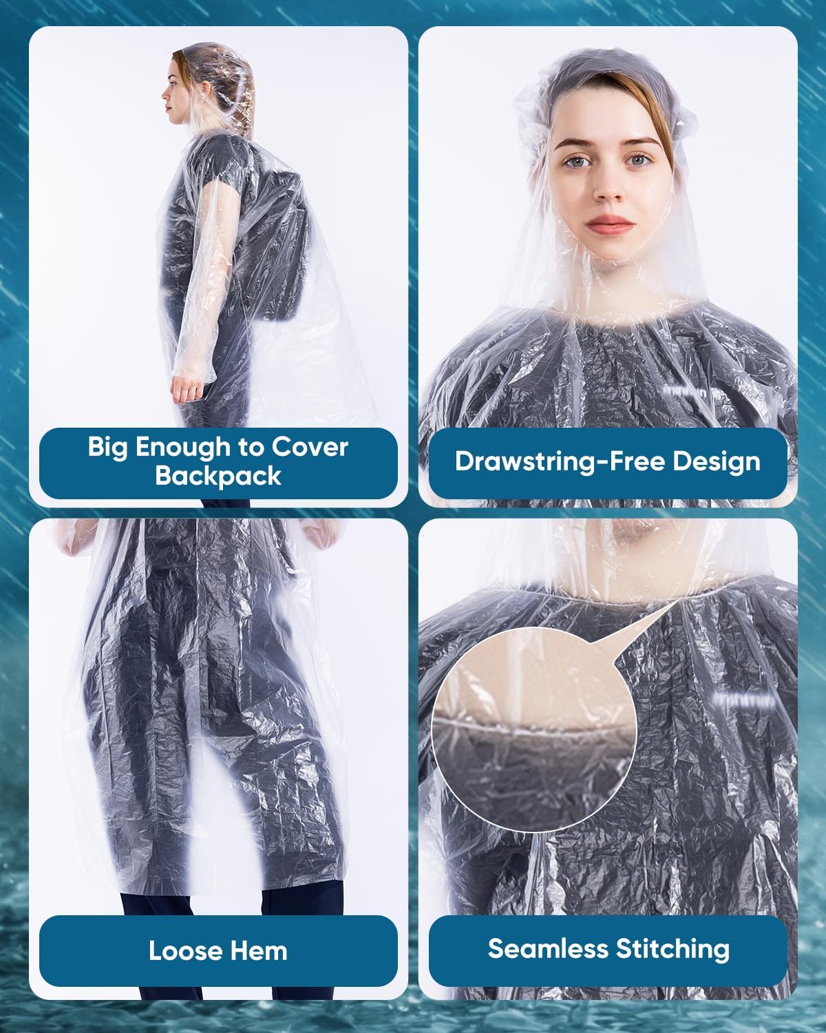 50/100 Pack Disposable Rain Ponchos with Hood for Adults, Family Pack Raincoats Bulk for Women and Men