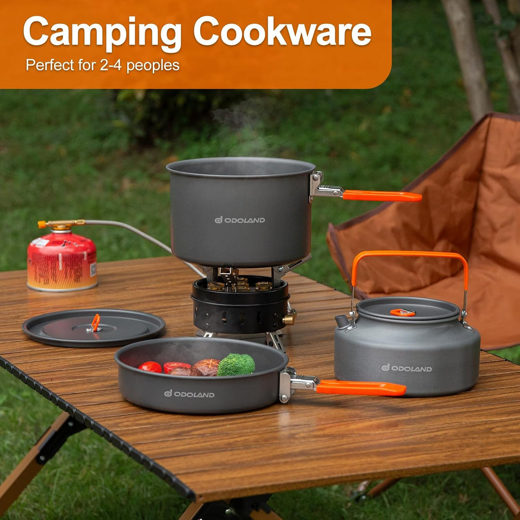 Odoland Camping Cookware Mess Kit, Camping Cooking Pot Fry Pan and 1.1L Kettle Set, Portable Camping Cookware Set with Mesh Bag for Camping, Backpacking, Outdoor Cooking and Picnic