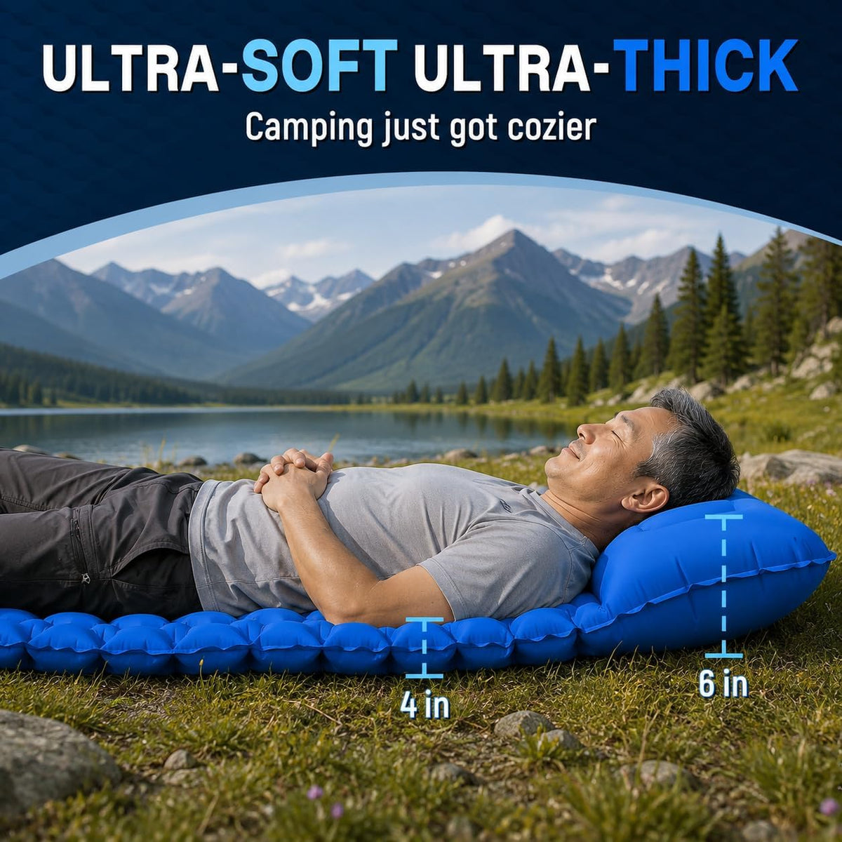 Camping Sleeping Pad, Ultralight Camping Mat with Pillow, Built-in Foot Pump Inflatable Sleeping Pads Compact for Camping Backpacking Hiking Traveling Tent - Blue