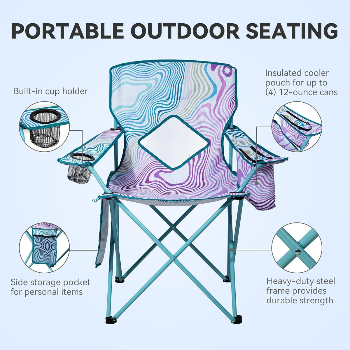 Nazhura 2 Pack Outdoor Camping Chairs Folding/Foldable/Portable with Cooler Pouch, Mesh Backrest and Cup Holder Pocket (Flower, Metal, 2 Pack)