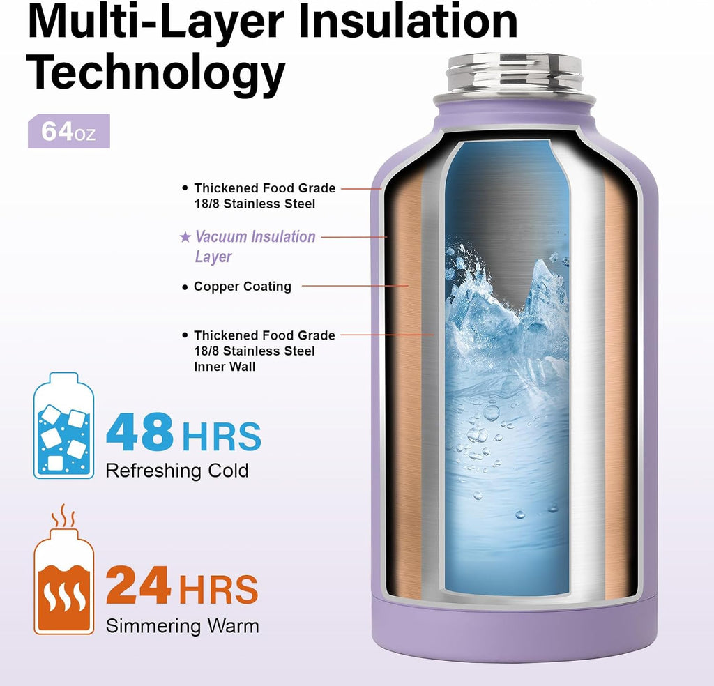 DYSANKY Insulated Water Bottle w/Straw Lid & Portable Carrier Bag, 64oz