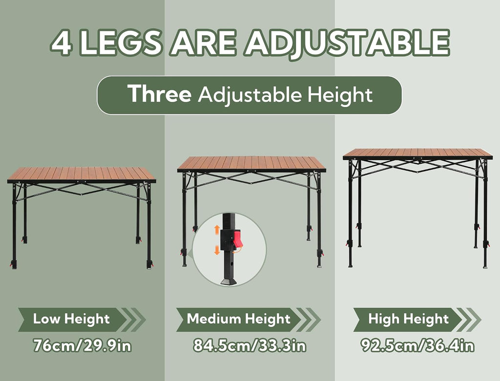Portable Outdoor Adjustable Height Camping Table, Large for 2-6 Person