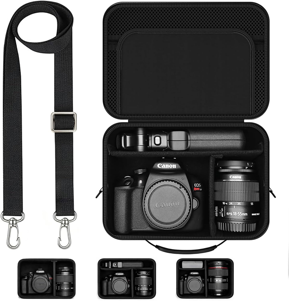 Hard Shell Camera Case Compatible with Canon EOS Rebel T7/R50/R100 and More DSLR & Mirrorless Cameras – Portable Travel Bag with Adjustable Dividers, Mesh Pocket & Shoulder Strap (Black)