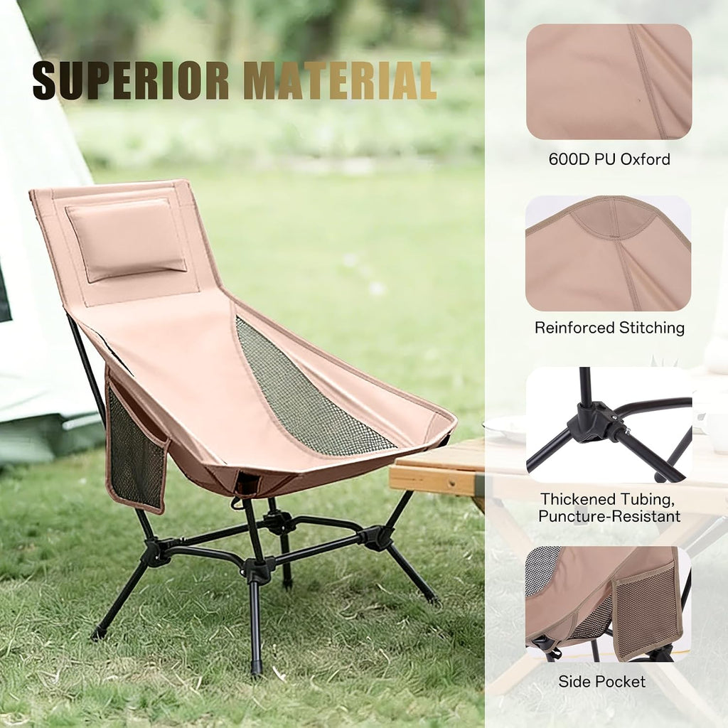 High Back Camping Chair with Pillow, 2-in-1 Height Adjustable, Heavy Duty