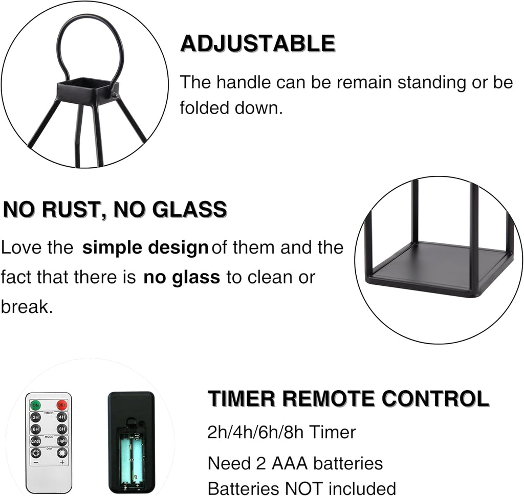 Perfnique Modern Farmhouse Lantern Decor, 15'' 13'' Set of 2 Black Metal Lantern, 2 LED 6hr Timer Flameless Candles ＆ Remote Timer, Lanterns Decorative for Outdoor, Home, Indoor, Patio, Christmas