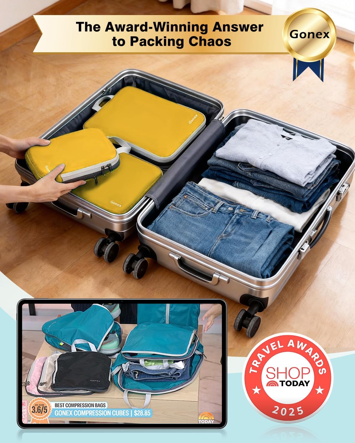 Gonex Compression Packing Cubes, 4-Piece Expandable Travel Organizers