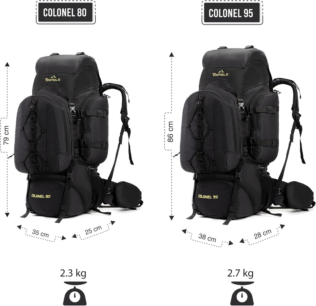 TRIPOLE Colonel 80 Litres Internal Frame Trekking and Hiking Rucksack + Detachable Day Pack, Rain Cover, Black | Tactical Backpack, Internal Frame Rucksack, Detachable Day Pack, Rain Cover, For Trekking And Hiking