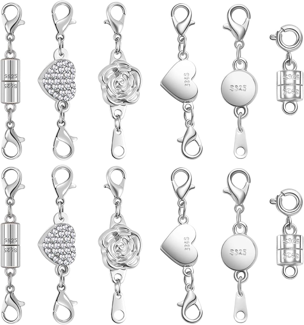 Magnetic Jewelry Clasps Set, Gold and Silver, 12 Pack Rose and Heart Design, Necklace Bracelet Closures with Rhinestone Accents (12PCS Golden Silvery)