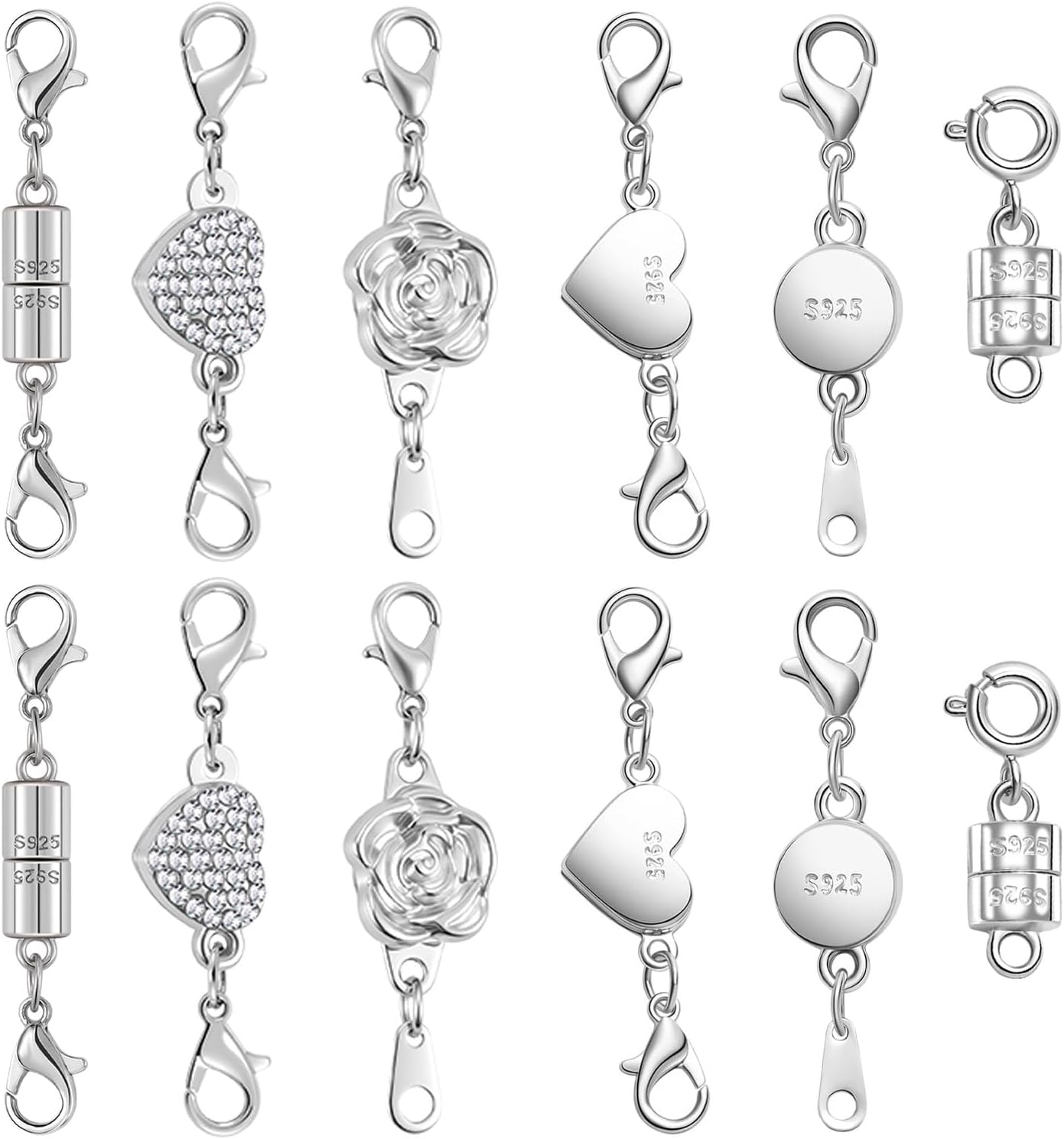 Magnetic Jewelry Clasps Set, Gold and Silver, 12 Pack Rose and Heart Design, Necklace Bracelet Closures with Rhinestone Accents (12pcs Silvery)