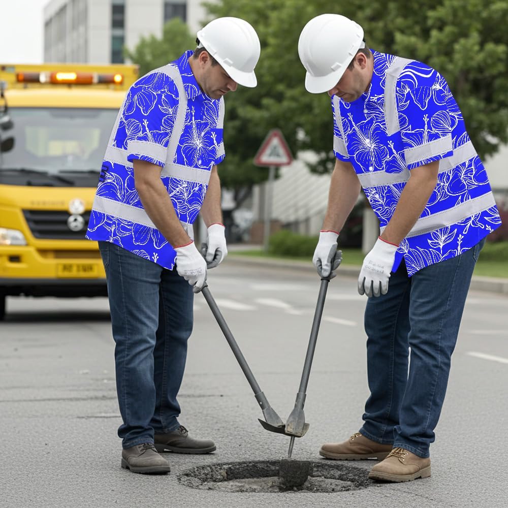 High Visibility Hawaiian Shirt for Men Tropical Shirts Custom Name Floral Outfit Reflective Safety Workwear