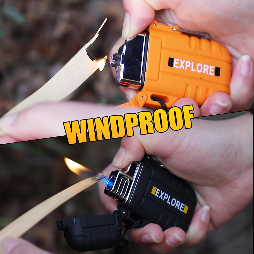 Electric Plasma Lighter, Torch Lighter, 2 Pack Outdoor Waterproof Matches | A Rechargeable Dual Arc lighter + A Refillable Butane Lighter, Camping Hiking Hunting Gadgets,Survival Gear Gifts for Men