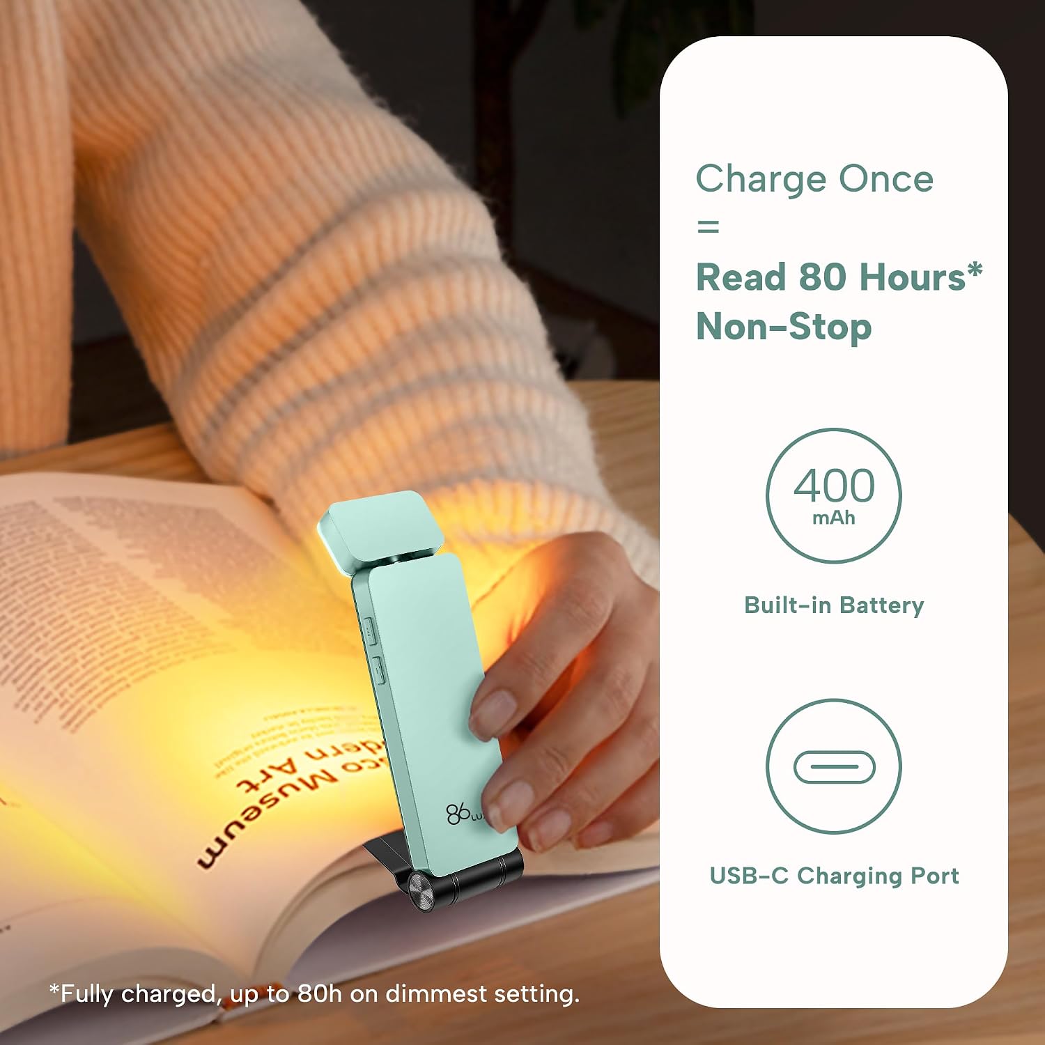 86lux Book Light, Rechargeable Reading Lights for Books in Bed