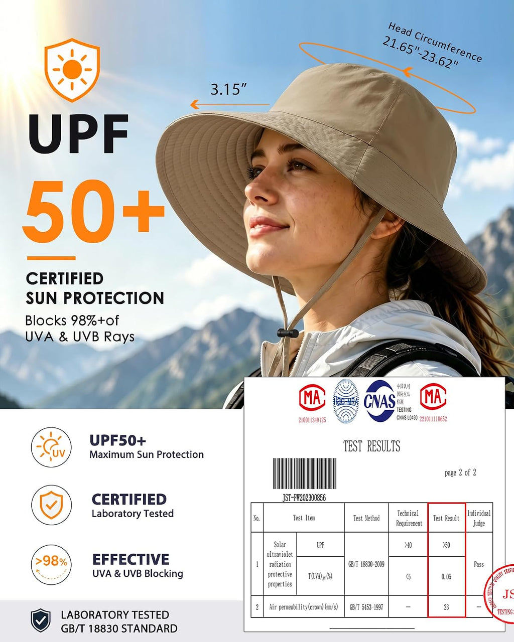 Water-Resistant UPF 50+ Sun Bucket Hat Packable Brimmed for Women Men