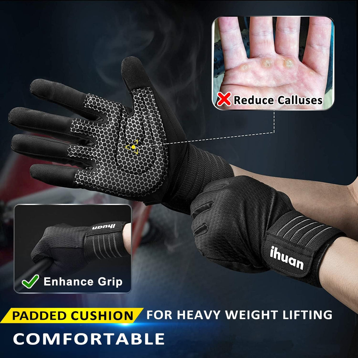 ihuan Workout Gloves for Men Full-Finger: Weight Lifting for Men, Gym Full Hand Gloves for Weightlifting, Deadlift
