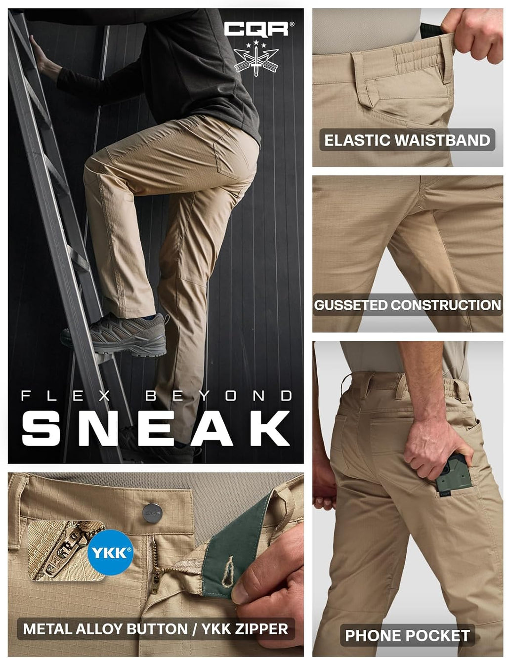 CQR Men's Flex Stretch Tactical Pants, Water Resistant Ripstop Cargo Pants, Lightweight EDC Outdoor Work Hiking Pants