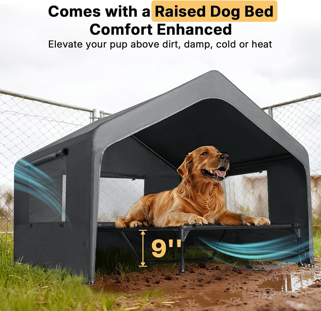 Veehoo Extra Large Dog House Outdoor Includes Elevated Dog Bed-Weatherproof