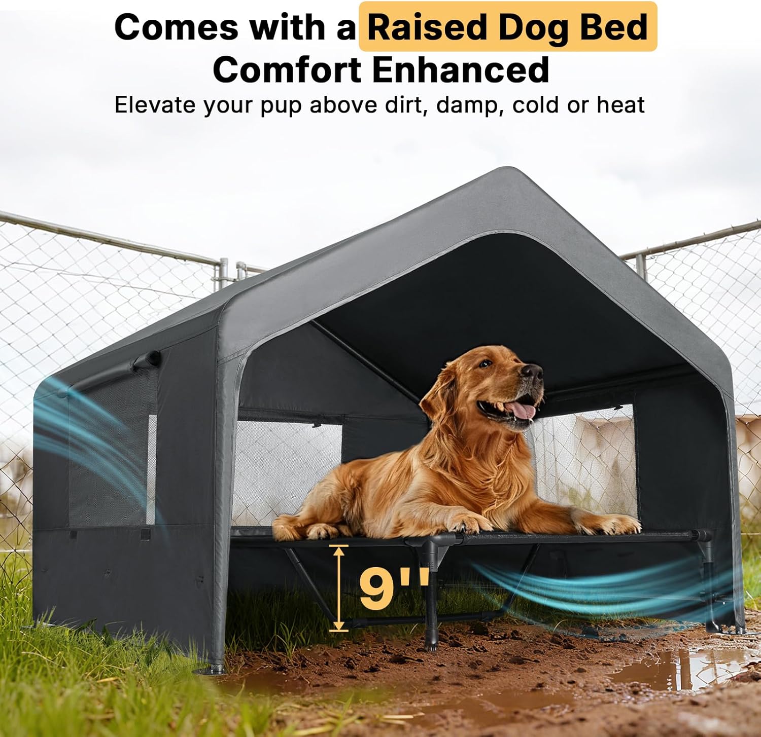 Veehoo Extra Large Dog House Outdoor Includes Elevated Dog Bed-Weatherproof