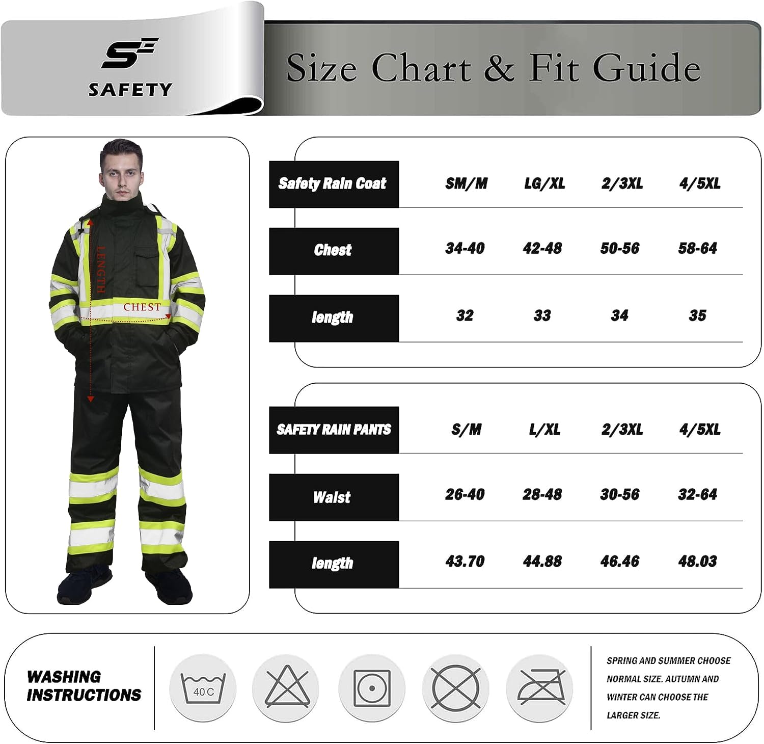 sesafety Hi Vis Rain Jacket, Rain Suits for Men Waterproof withBlack Bottom